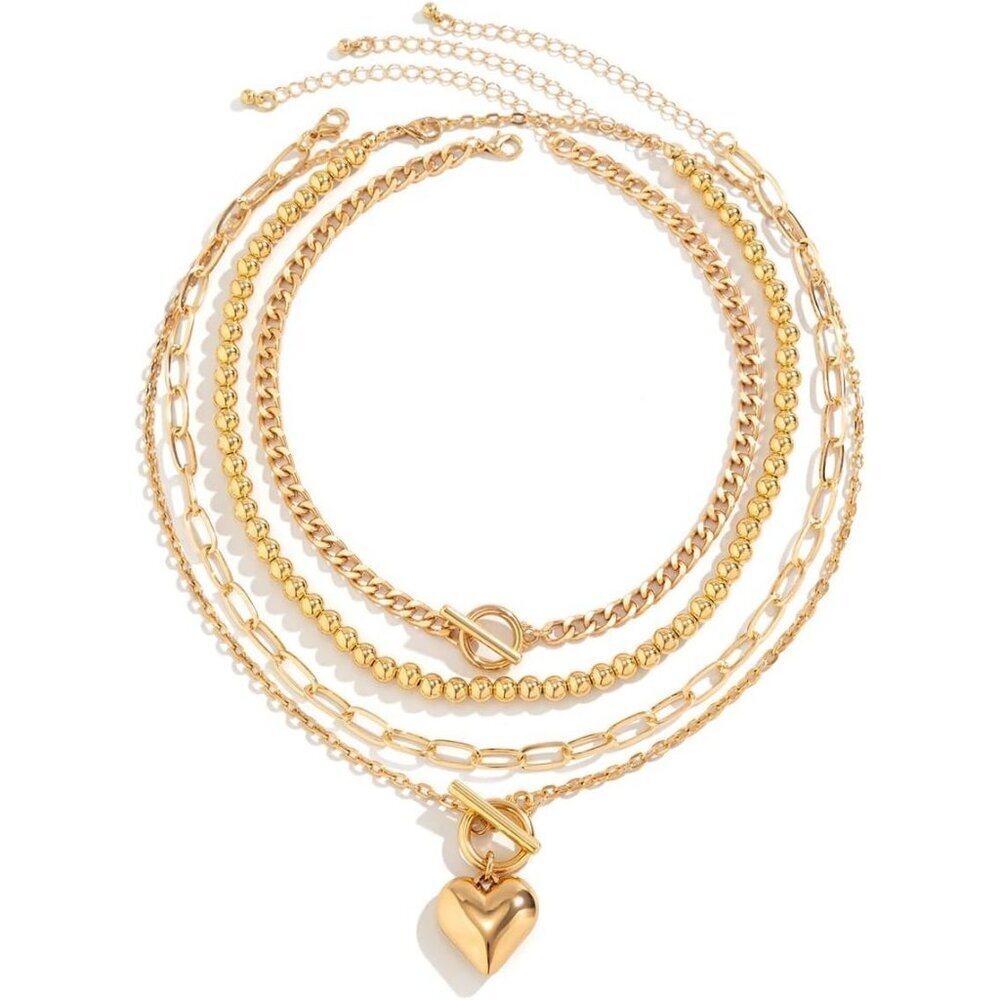 Women's Non Tarnish Chunky Necklace Stack Paperclip Chain Retro Coin Heart - Picture 8 of 9
